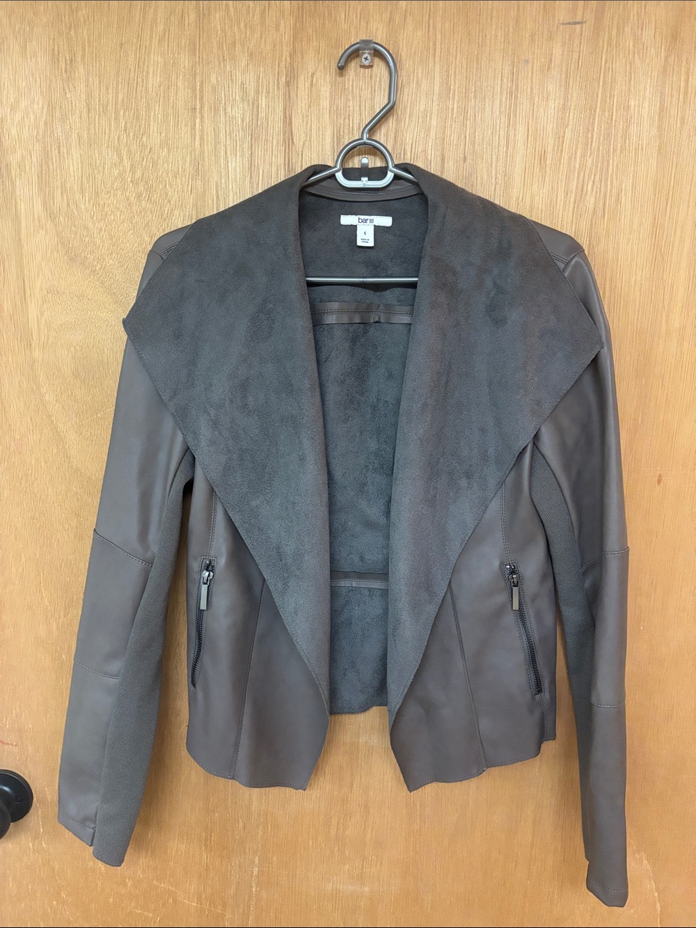 Bar III Dark Brown Faux Leather Draped Jacket